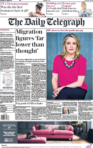 The Daily Telegraph Newspaper Front Page for 24 August 2017