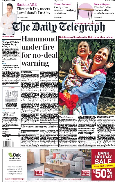 The Daily Telegraph Newspaper Front Page for 24 August 2018