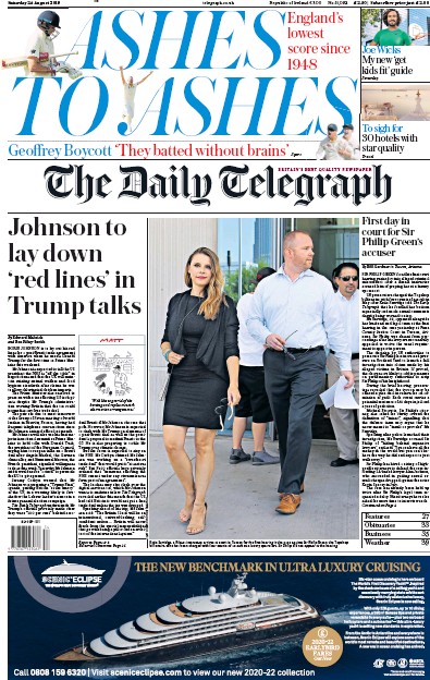 The Daily Telegraph Newspaper Front Page for 24 August 2019