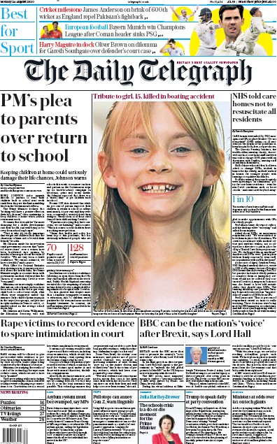 The Daily Telegraph Newspaper Front Page for 24 August 2020