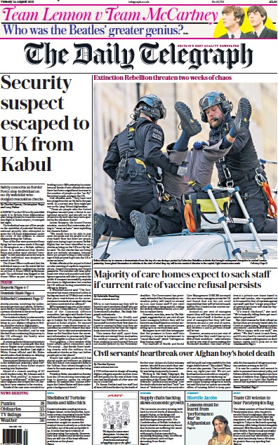 The Daily Telegraph (UK) Newspaper Front Page for 24 August 2021