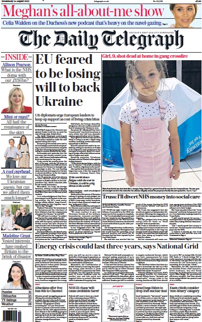 The Daily Telegraph (UK) Newspaper Front Page for 24 August 2022