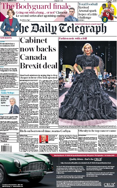The Daily Telegraph Newspaper Front Page for 24 September 2018