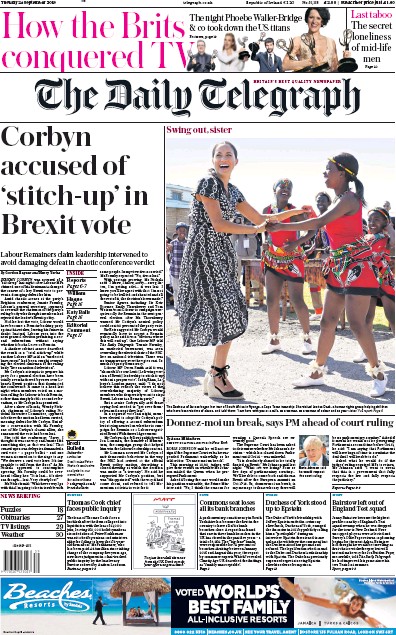 The Daily Telegraph Newspaper Front Page for 24 September 2019