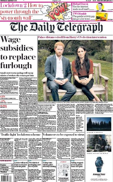 The Daily Telegraph Newspaper Front Page for 24 September 2020