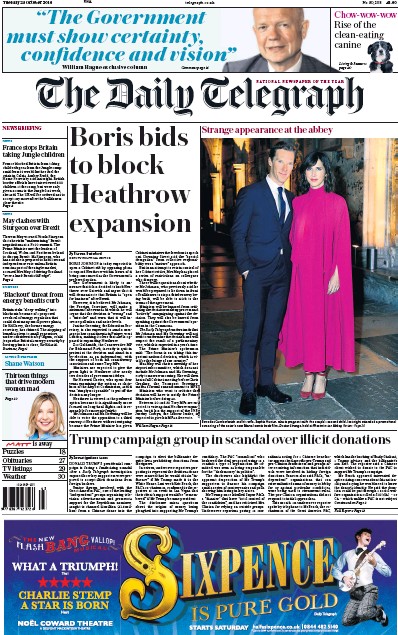 The Daily Telegraph Newspaper Front Page for 25 October 2016