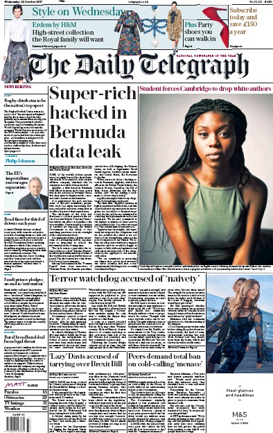 The Daily Telegraph Newspaper Front Page for 25 October 2017