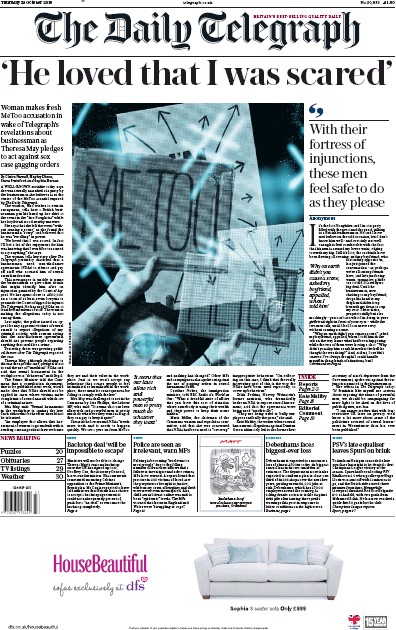The Daily Telegraph Newspaper Front Page for 25 October 2018