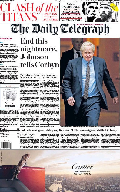 The Daily Telegraph Newspaper Front Page for 25 October 2019