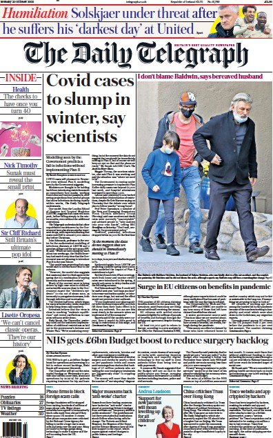 The Daily Telegraph (UK) Newspaper Front Page for 25 October 2021
