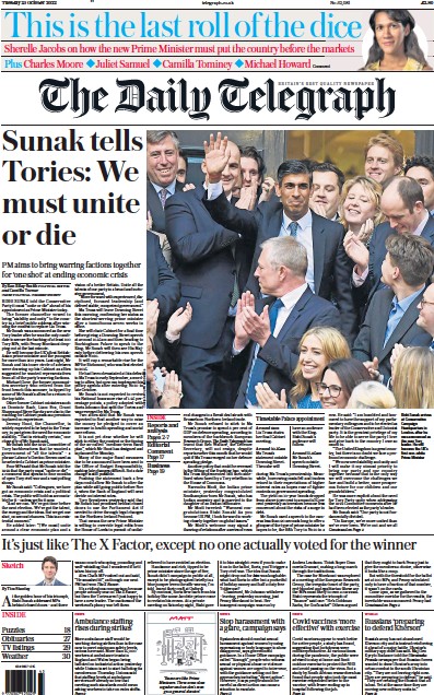 The Daily Telegraph Newspaper Front Page for 25 October 2022
