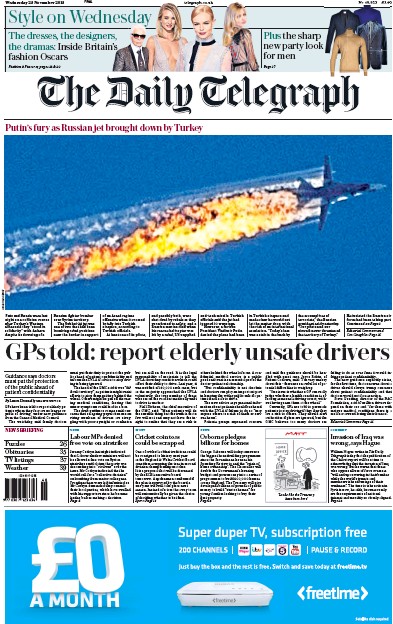 The Daily Telegraph (UK) Newspaper Front Page for 25 November 2015