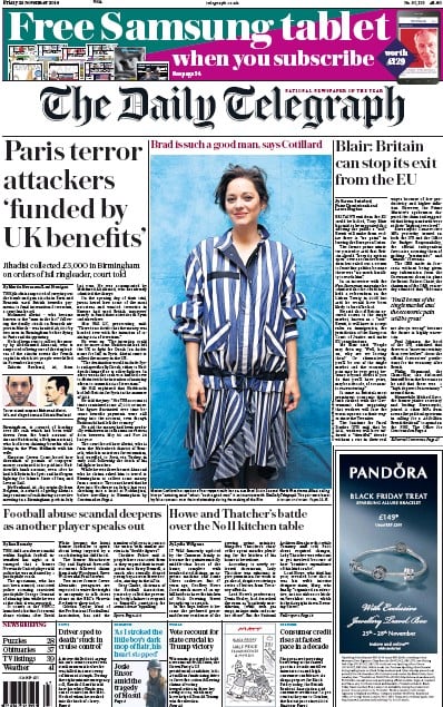The Daily Telegraph Newspaper Front Page for 25 November 2016