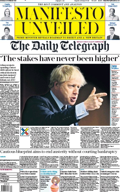 The Daily Telegraph Newspaper Front Page for 25 November 2019
