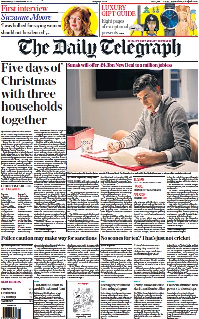 The Daily Telegraph Newspaper Front Page for 25 November 2020