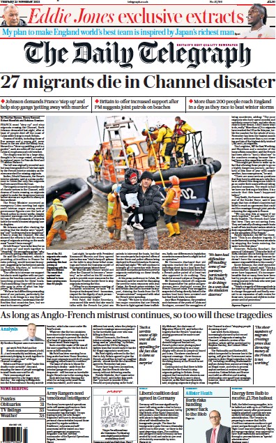 The Daily Telegraph (UK) Newspaper Front Page for 25 November 2021