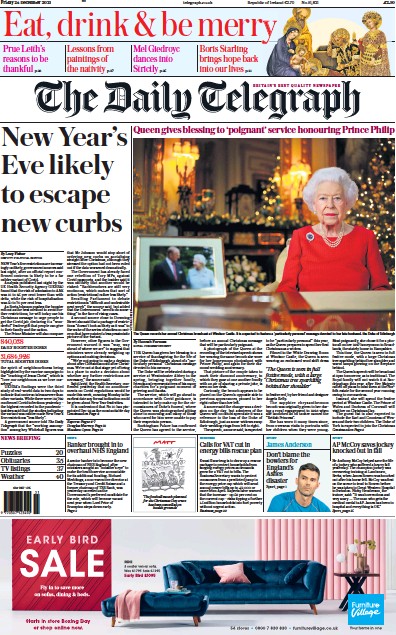 The Daily Telegraph (UK) Newspaper Front Page for 25 December 2021