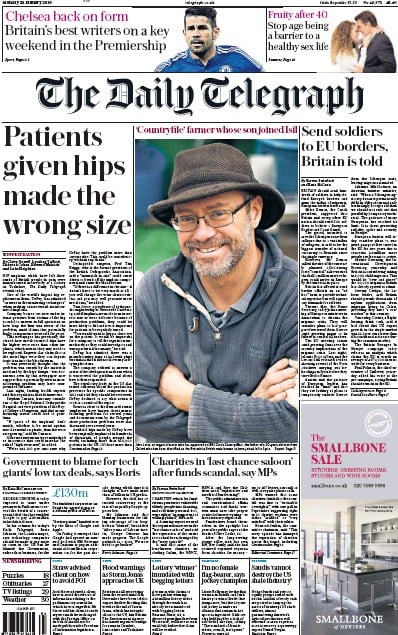 The Daily Telegraph Newspaper Front Page for 25 January 2016