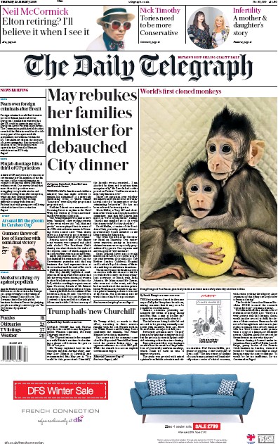The Daily Telegraph Newspaper Front Page for 25 January 2018