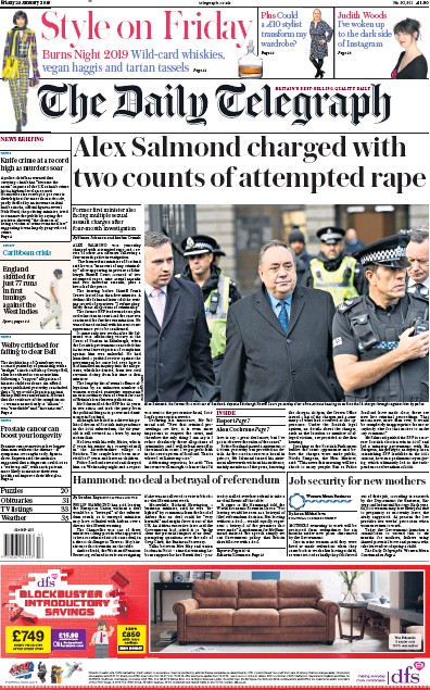 The Daily Telegraph (UK) Newspaper Front Page for 25 January 2019