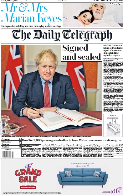 The Daily Telegraph (UK) Newspaper Front Page for 25 January 2020