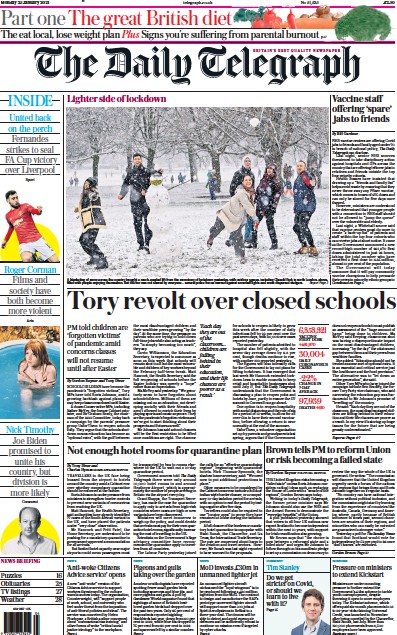 The Daily Telegraph Newspaper Front Page for 25 January 2021