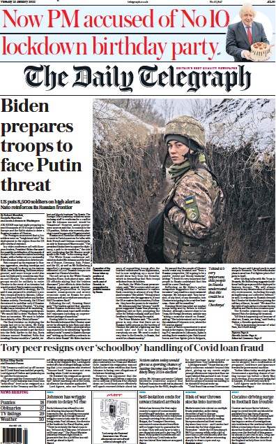 The Daily Telegraph (UK) Newspaper Front Page for 25 January 2022