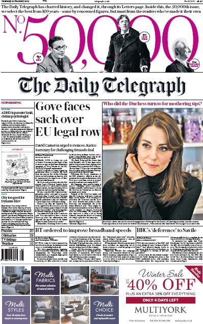 The Daily Telegraph Newspaper Front Page for 25 February 2016
