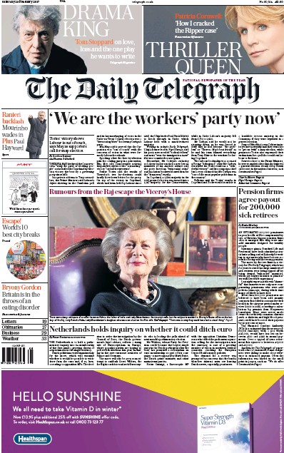 The Daily Telegraph Newspaper Front Page for 25 February 2017
