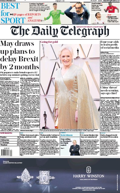 The Daily Telegraph Newspaper Front Page for 25 February 2019