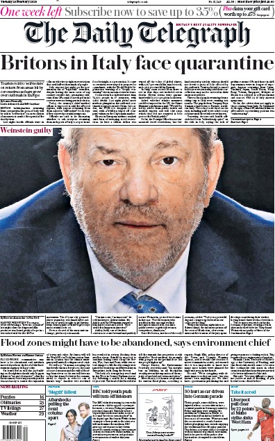 The Daily Telegraph Newspaper Front Page for 25 February 2020
