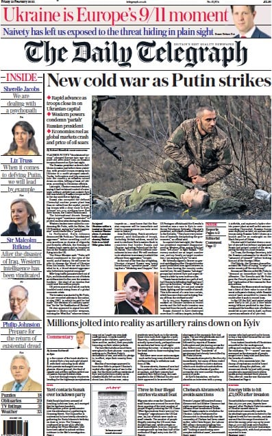 The Daily Telegraph Newspaper Front Page for 25 February 2022