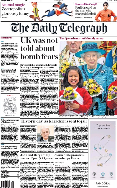 The Daily Telegraph Newspaper Front Page for 25 March 2016