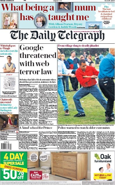 The Daily Telegraph Newspaper Front Page for 25 March 2017