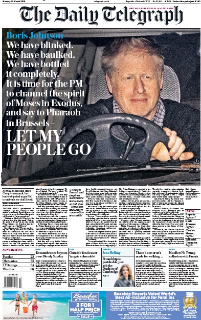 The Daily Telegraph Newspaper Front Page for 25 March 2019