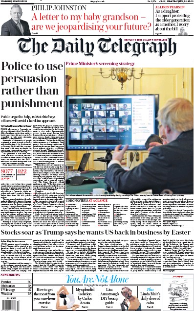 The Daily Telegraph (UK) Newspaper Front Page for 25 March 2020