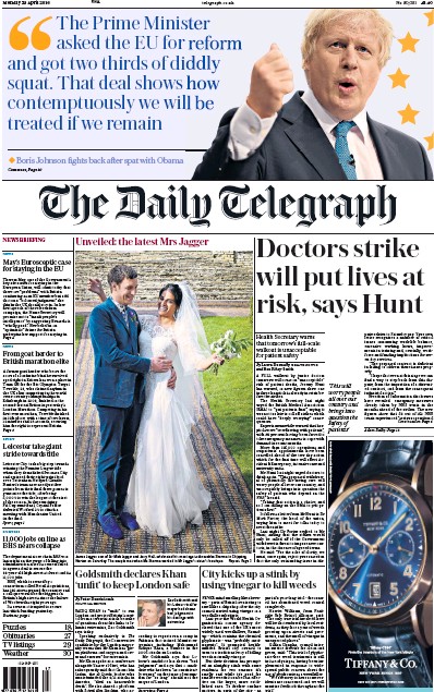 The Daily Telegraph Newspaper Front Page for 25 April 2016