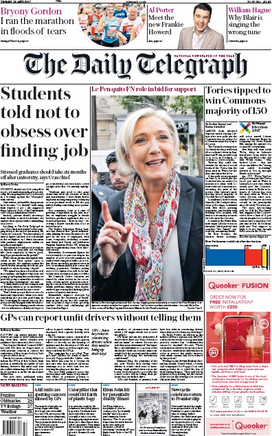 The Daily Telegraph Newspaper Front Page for 25 April 2017
