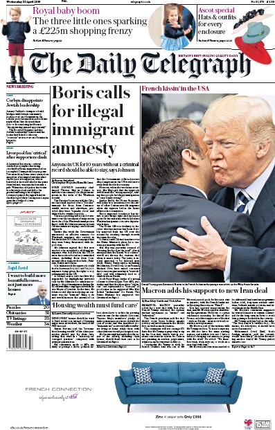 The Daily Telegraph Newspaper Front Page for 25 April 2018