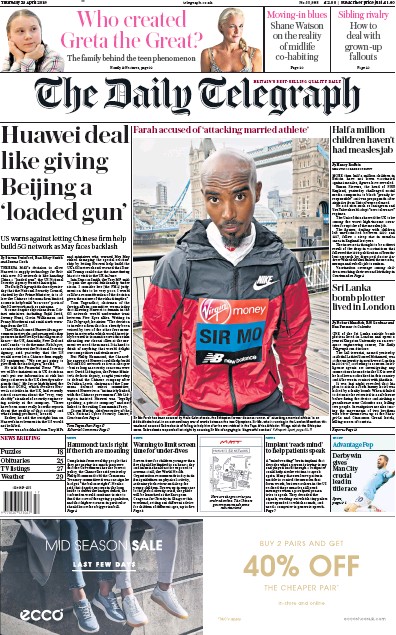 The Daily Telegraph Newspaper Front Page for 25 April 2019