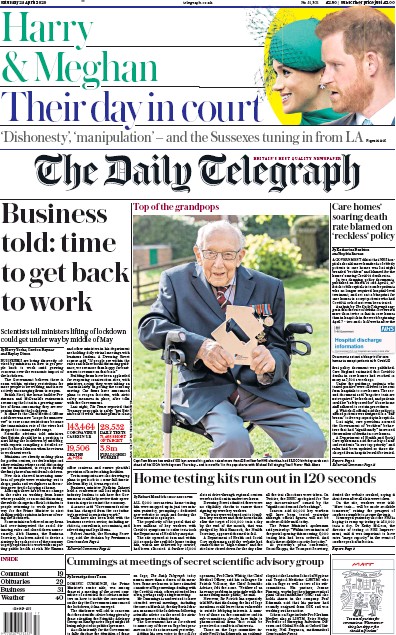 The Daily Telegraph Newspaper Front Page for 25 April 2020