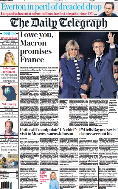 The Daily Telegraph Newspaper Front Page for 25 April 2022