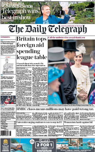 The Daily Telegraph Newspaper Front Page for 25 May 2016
