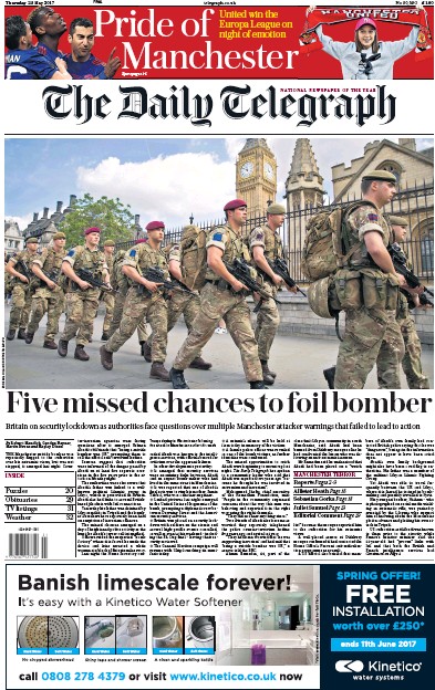 The Daily Telegraph Newspaper Front Page for 25 May 2017