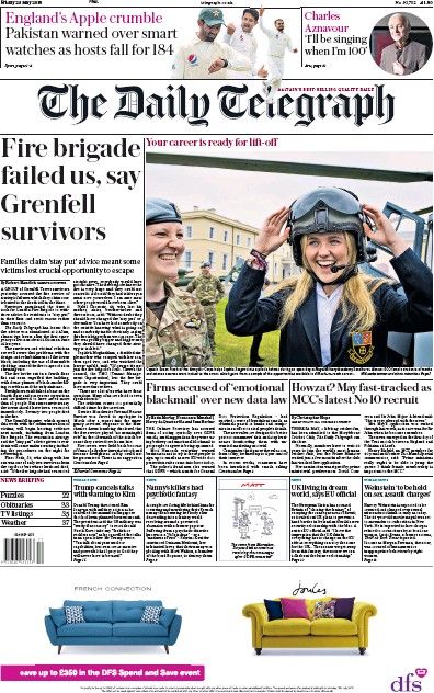 The Daily Telegraph Newspaper Front Page for 25 May 2018