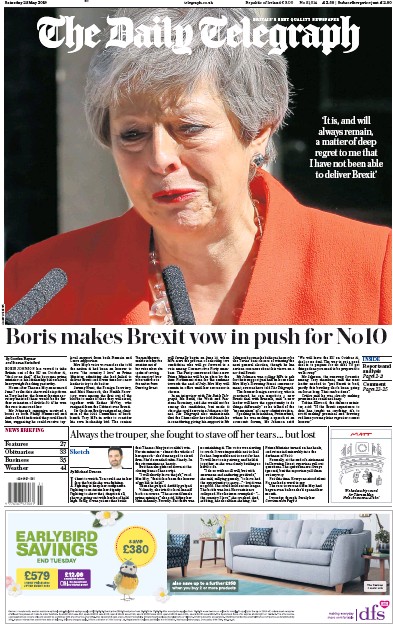 The Daily Telegraph Newspaper Front Page for 25 May 2019