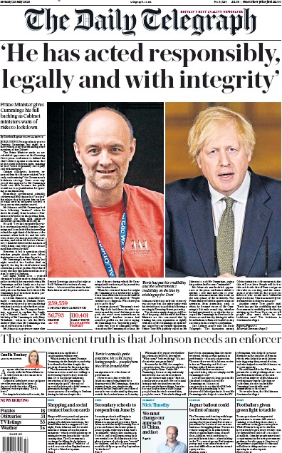 The Daily Telegraph Newspaper Front Page for 25 May 2020