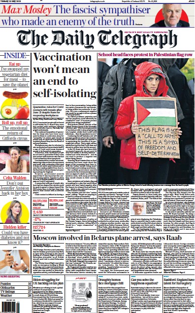 The Daily Telegraph Newspaper Front Page for 25 May 2021