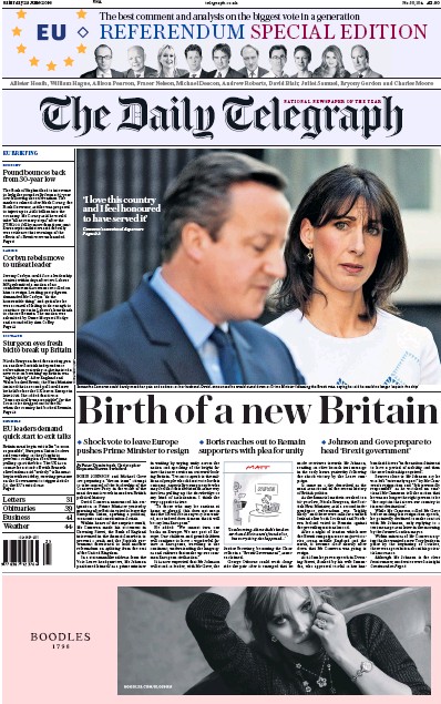 The Daily Telegraph Newspaper Front Page for 25 June 2016
