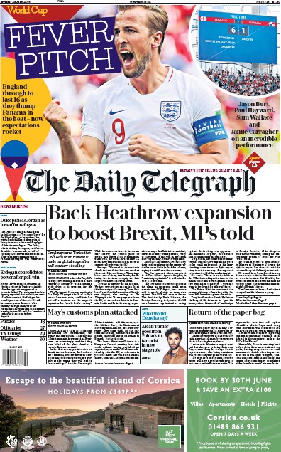 The Daily Telegraph Newspaper Front Page for 25 June 2018